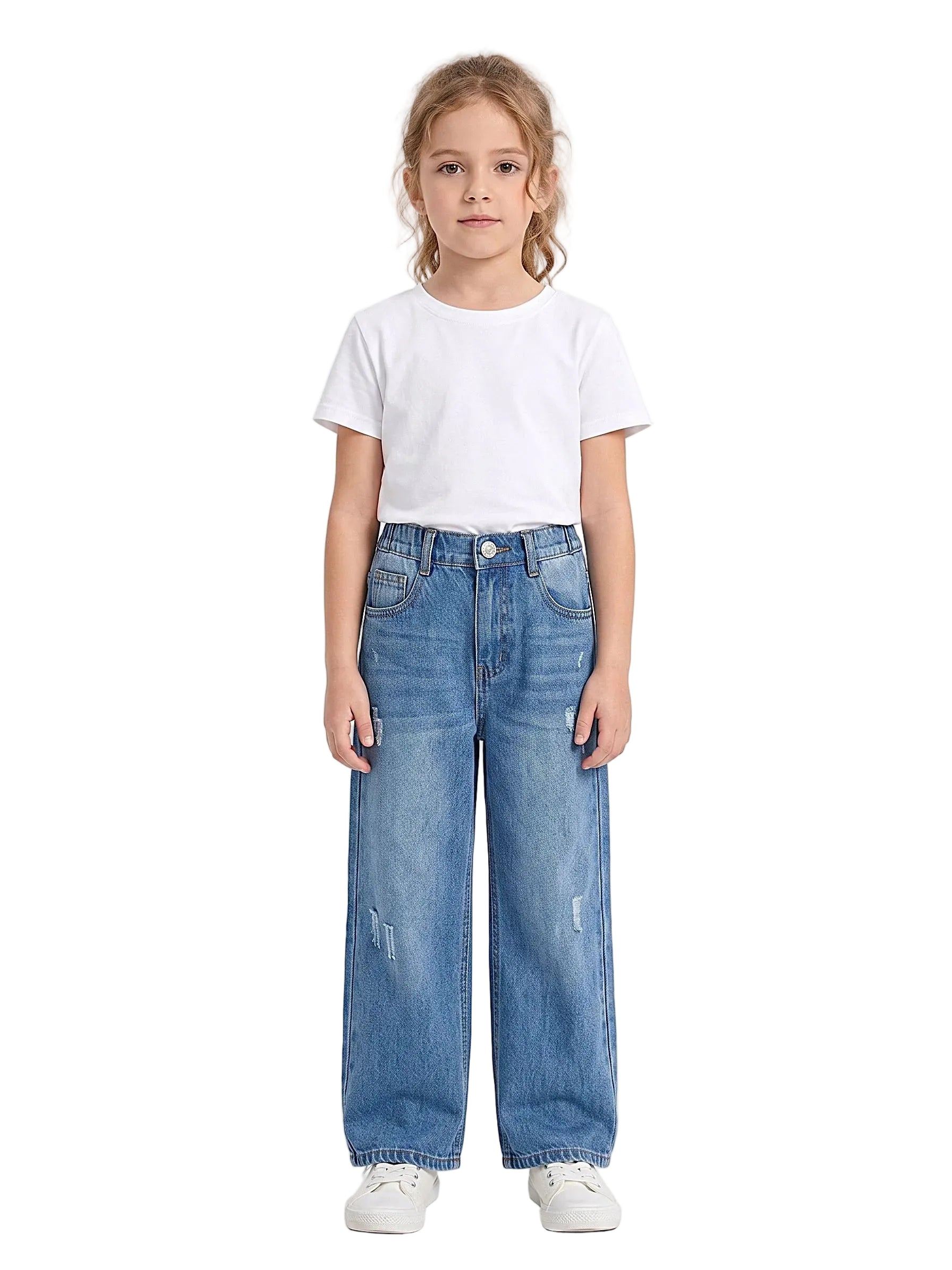 Front view of a young girl wearing girls' wide-leg jeans in a classic wash by TREE.