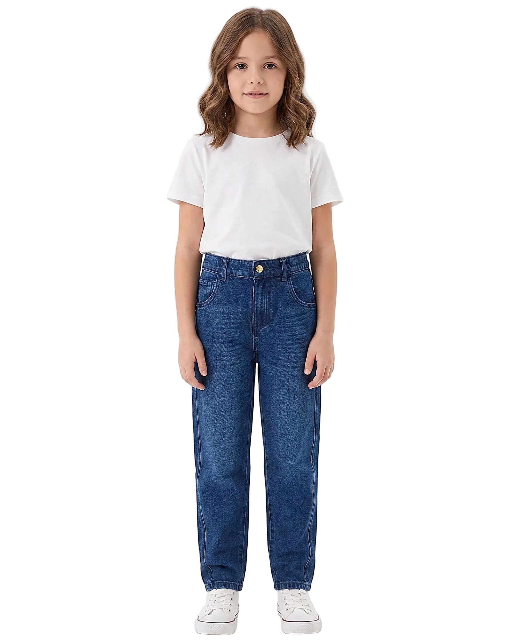 Front view of a young girl wearing girls' boyfriend fit jeans in a classic wash by TREE.