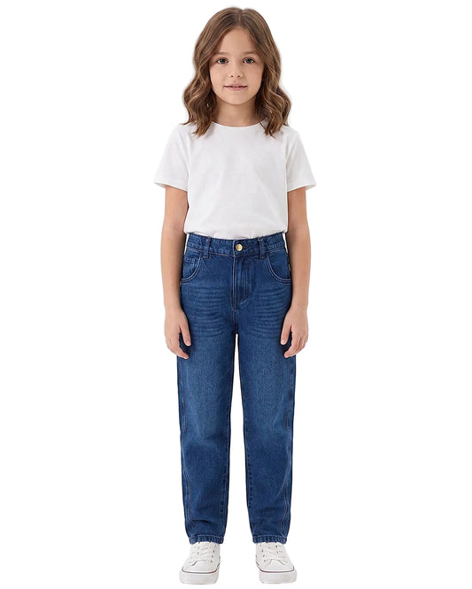 Front view of a young girl wearing girls' boyfriend fit jeans in a classic wash by TREE.