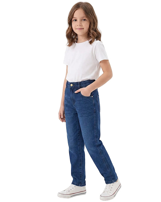 Front view of a young girl wearing girls' boyfriend fit jeans in a classic wash by TREE.