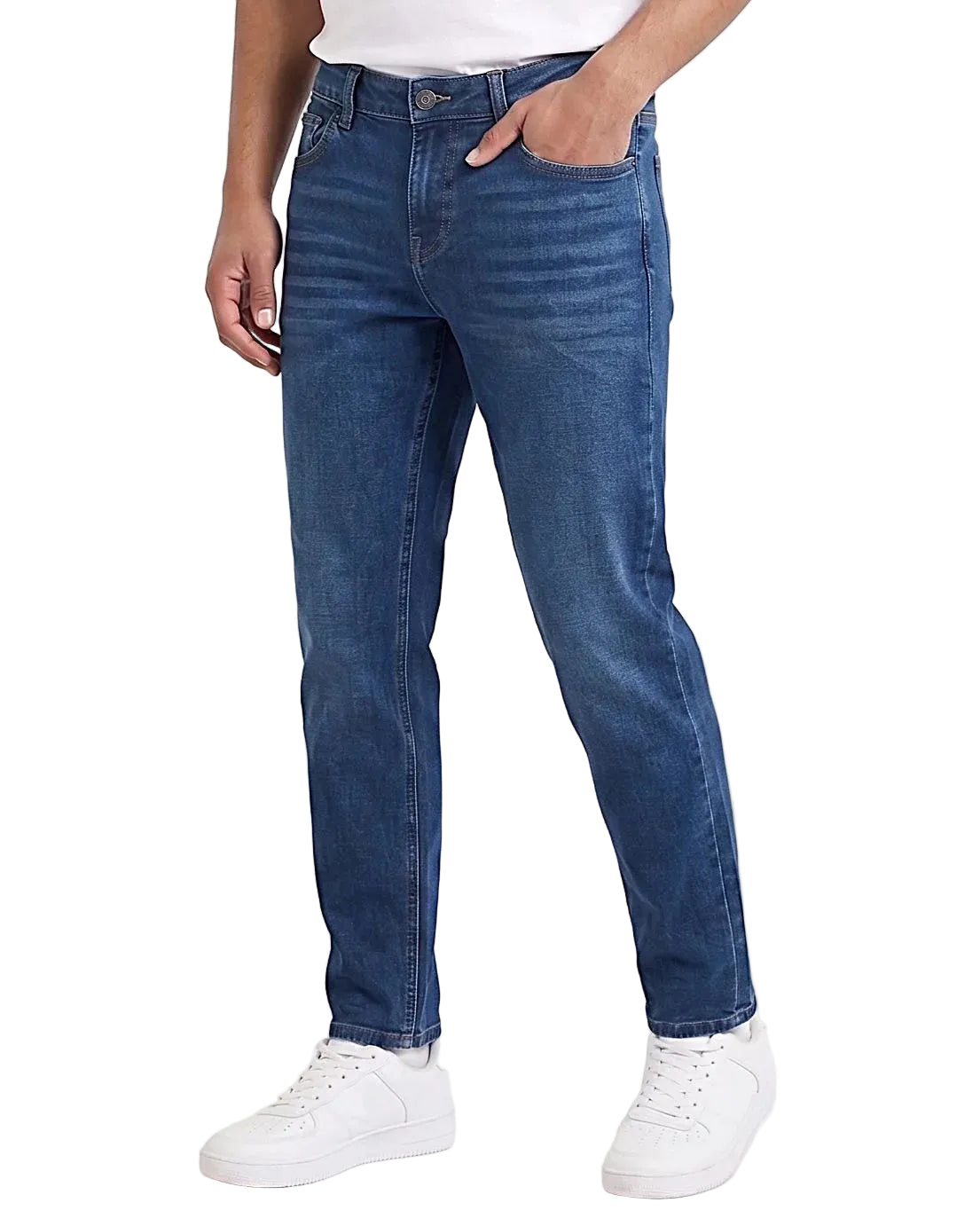 Front view of a model wearing men's boyfriend fit jeans in a classic wash by TREE.