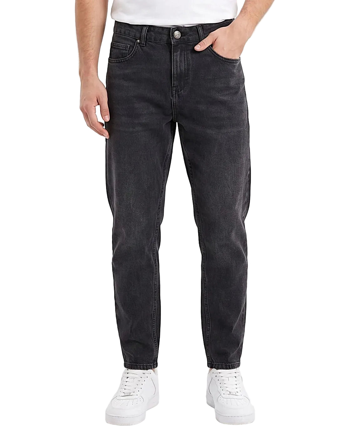 Front view of a model wearing men's boyfriend fit jeans in a classic wash by TREE.