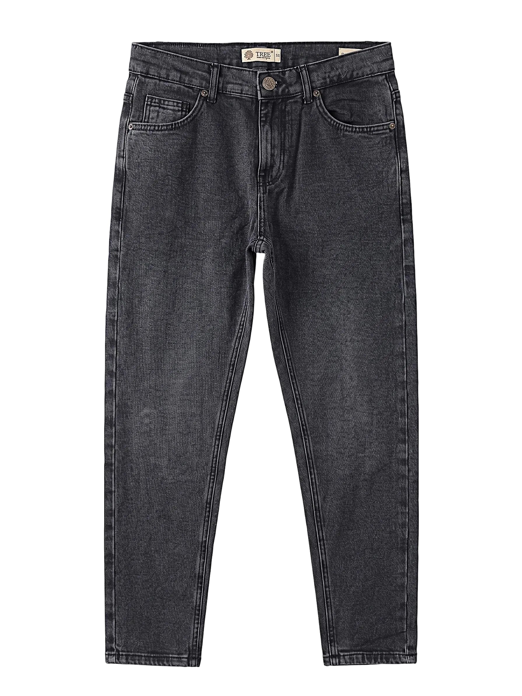 Front view of a model wearing men's boyfriend fit jeans in a classic wash by TREE.
