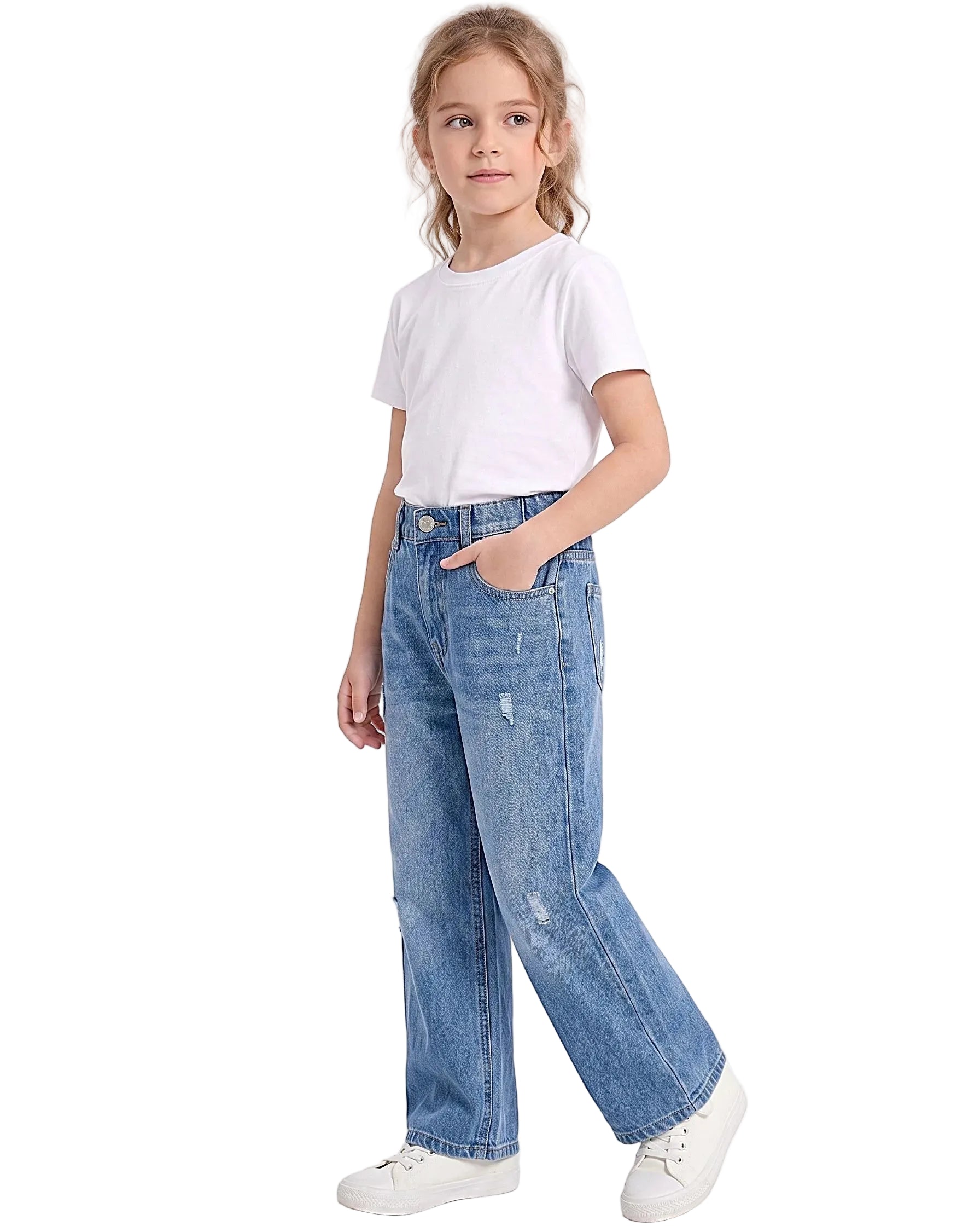 Front view of a young girl wearing girls' wide-leg jeans in a classic wash by TREE.