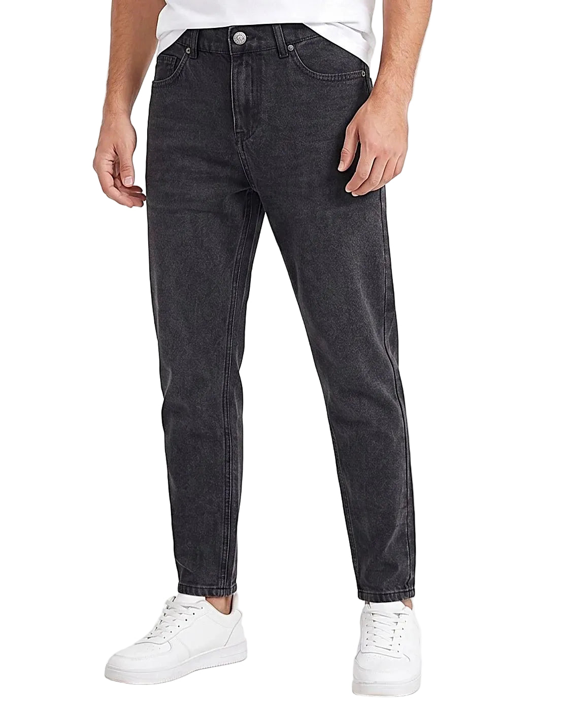 Front view of a model wearing men's boyfriend fit jeans in a classic wash by TREE.