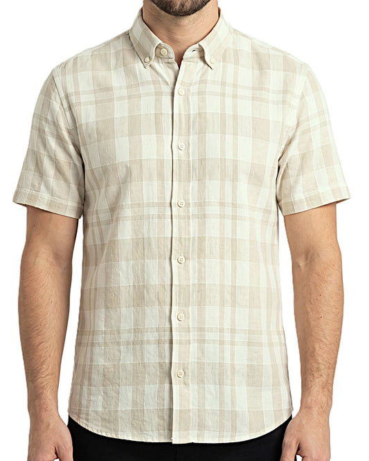 Men's short-sleeved plaid shirt-Beige