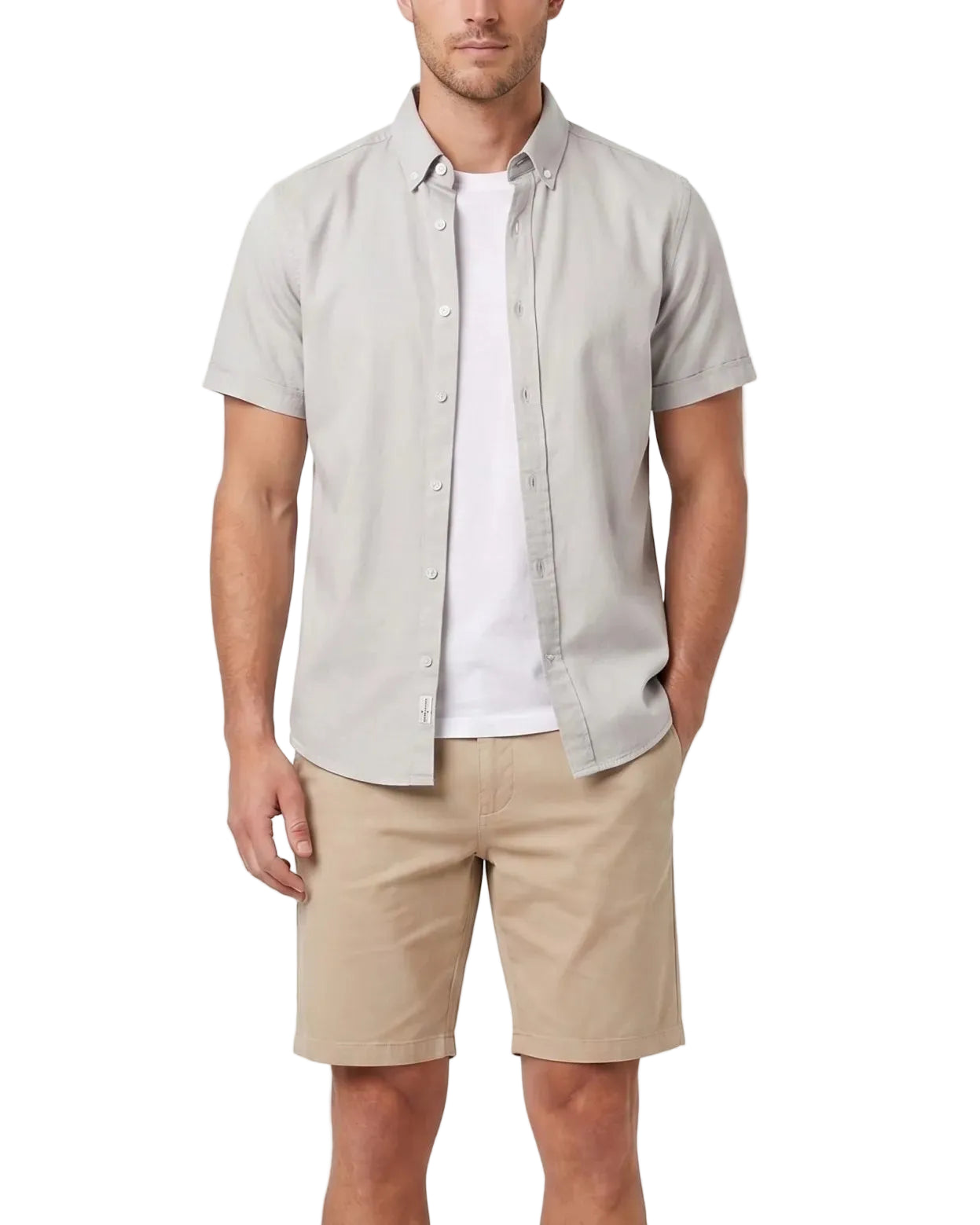 Front view of a model wearing a men's summer 100% cotton short-sleeve shirt by TREE.