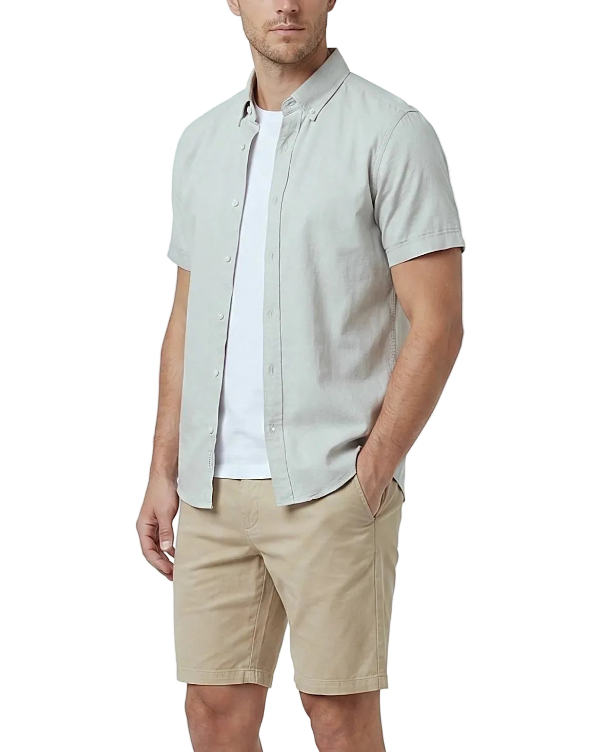 Front view of a model wearing a men's summer 100% cotton short-sleeve shirt by TREE.