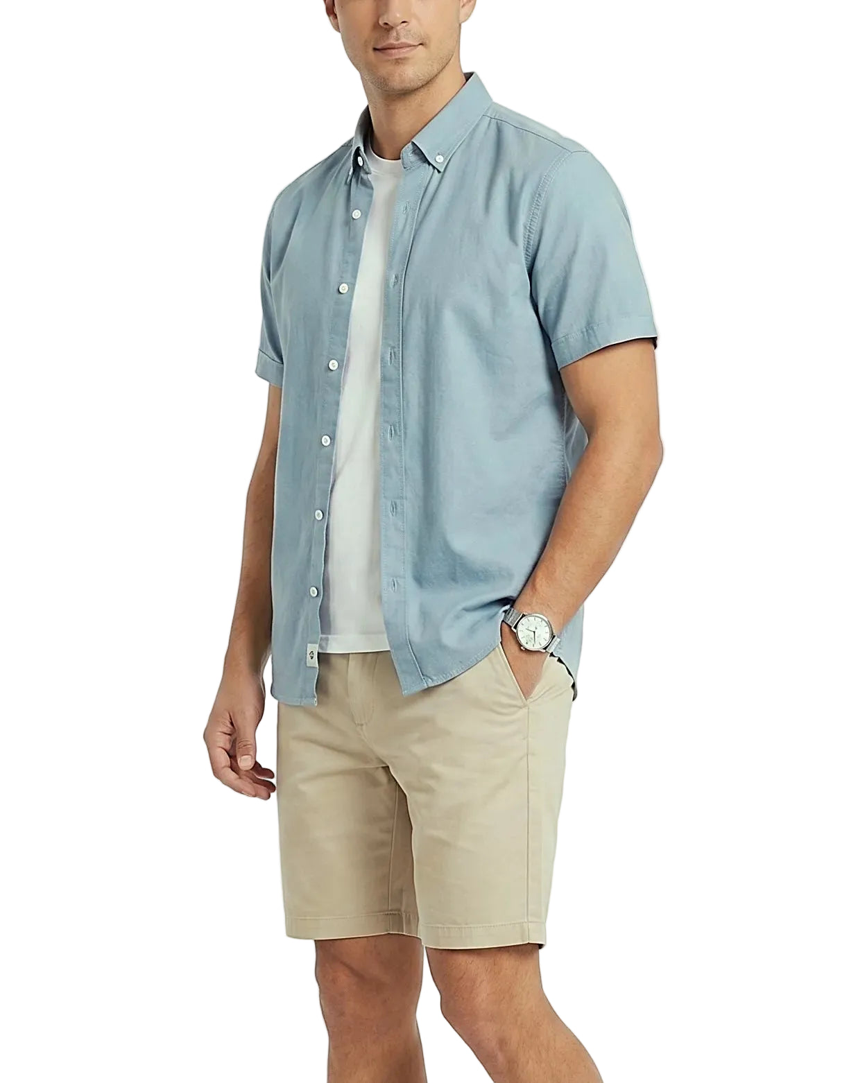 Front view of a model wearing a men's summer 100% cotton short-sleeve shirt by TREE.
