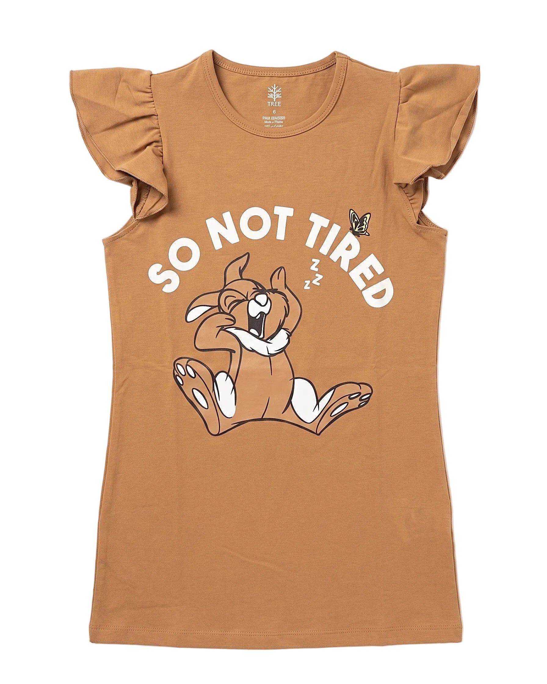 Front view of a girls' camel-colored night shirt featuring ruffle sleeves and a cartoon graphic print by TREE.
