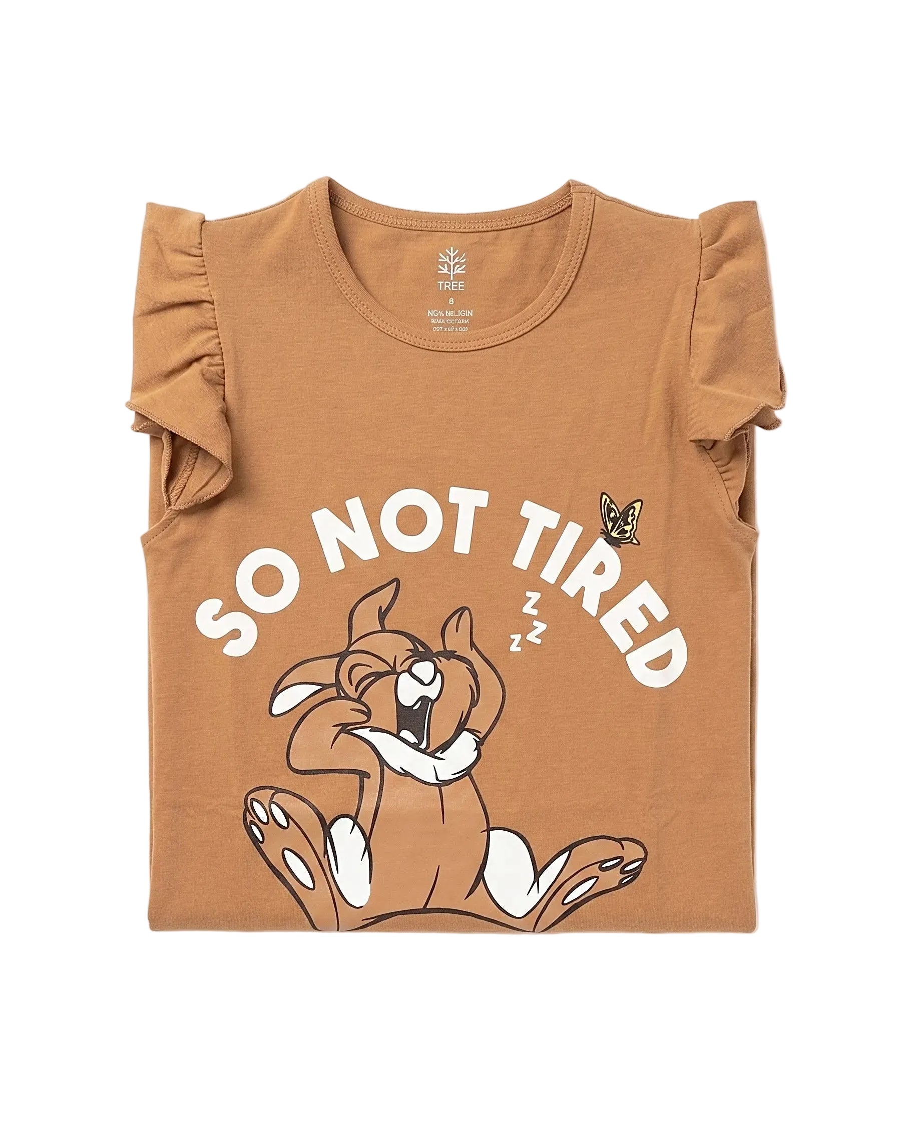 Front view of a girls' camel-colored night shirt featuring ruffle sleeves and a cartoon graphic print by TREE.