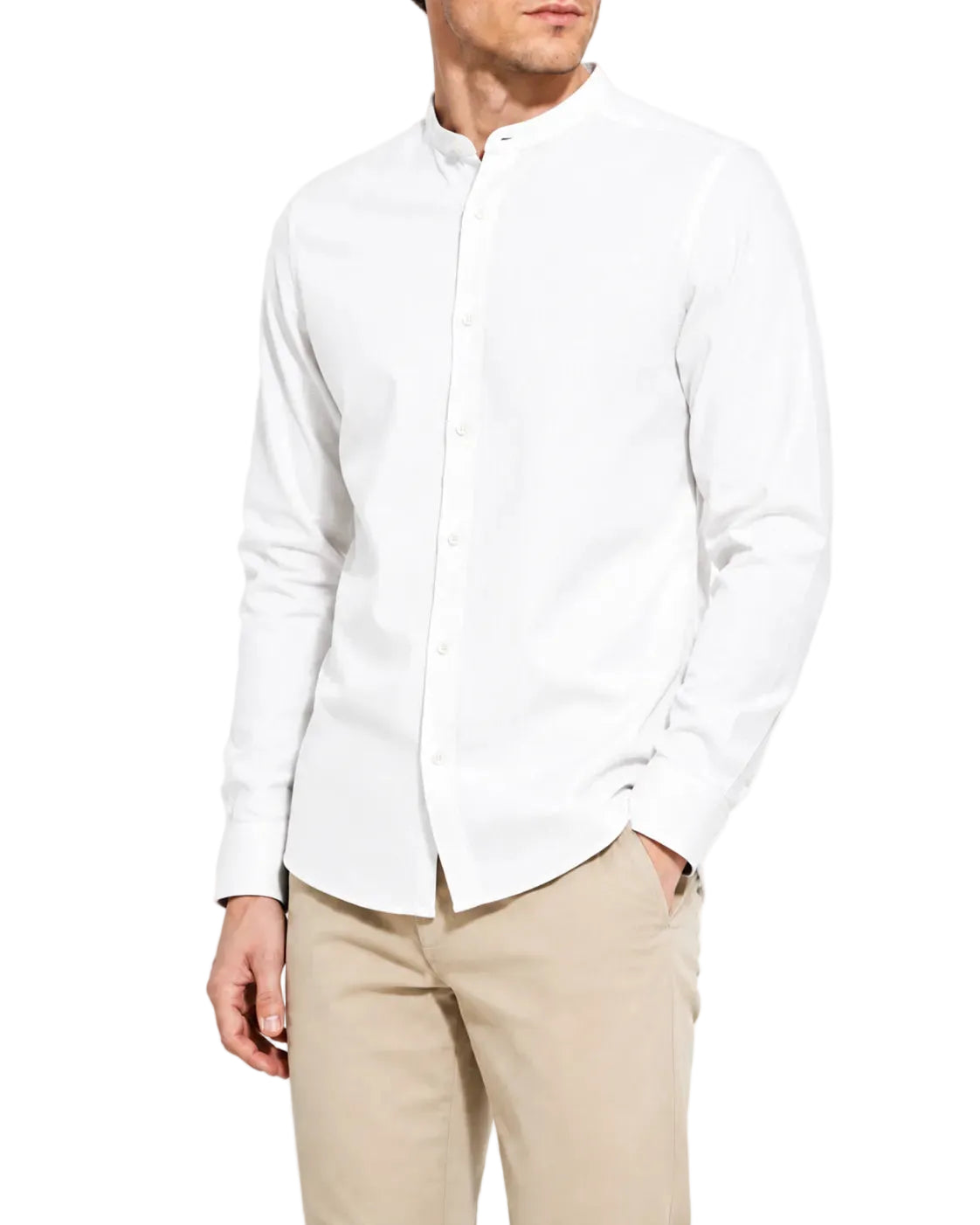 Front view of a man wearing a long-sleeve henry collar shirt by TREE.