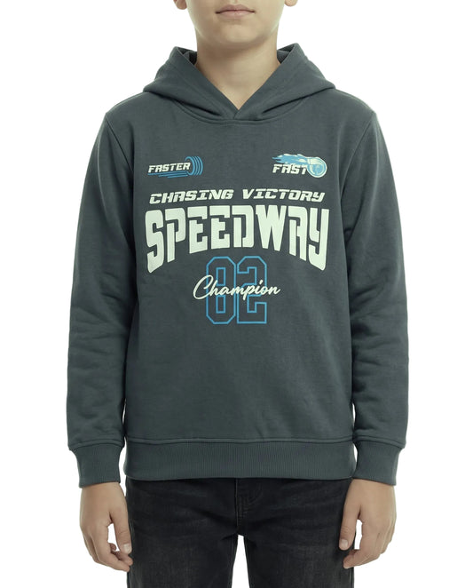 Boys' dark grey printed hoodie with speedway graphic by TREE   