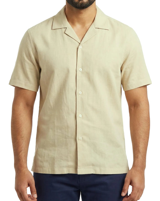 Men's Fashion Short Sleeve Linen Shirt - Beige