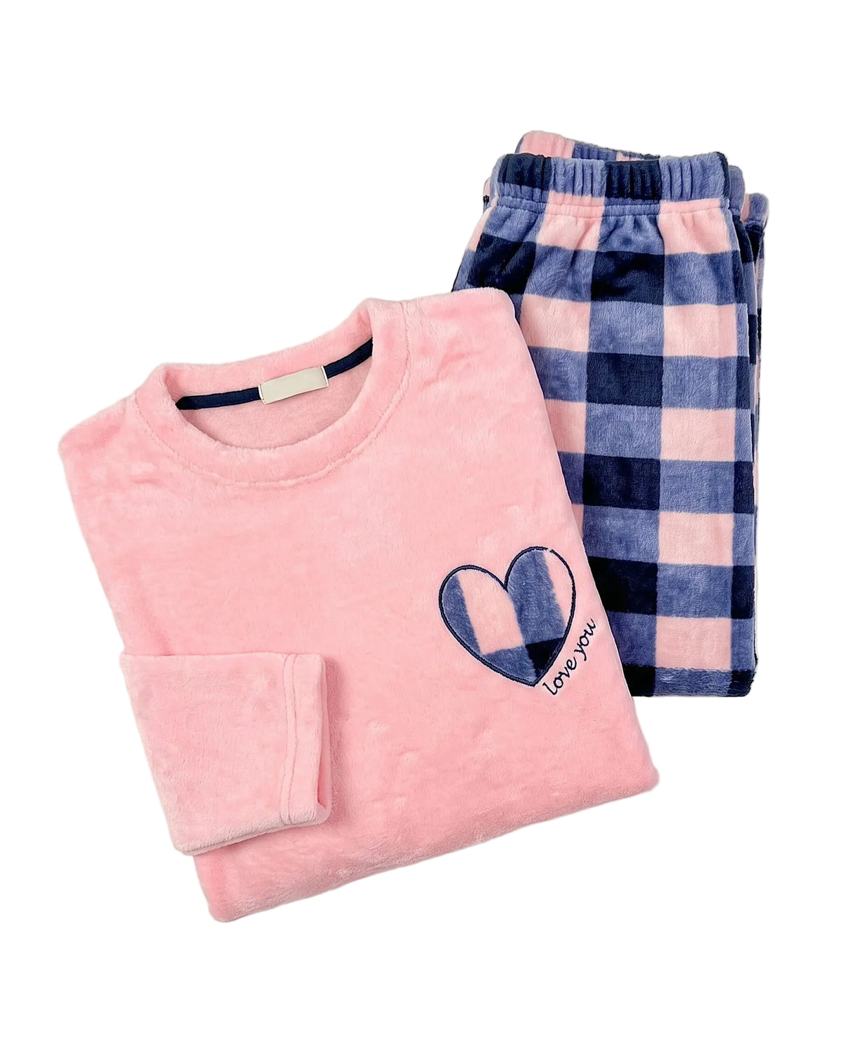 Women's polar fleece plaid pyjama set with heart embroidery by TREE   