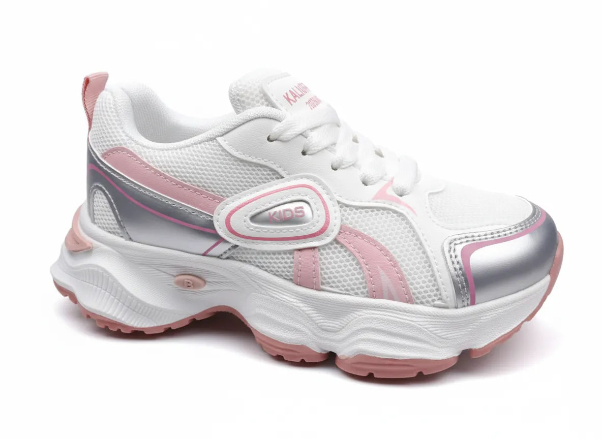 Multiple views of a girls' white and fuchsia fashion sneaker featuring a chunky sole and metallic accents by TREE.