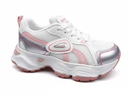 Multiple views of a girls' white and fuchsia fashion sneaker featuring a chunky sole and metallic accents by TREE.