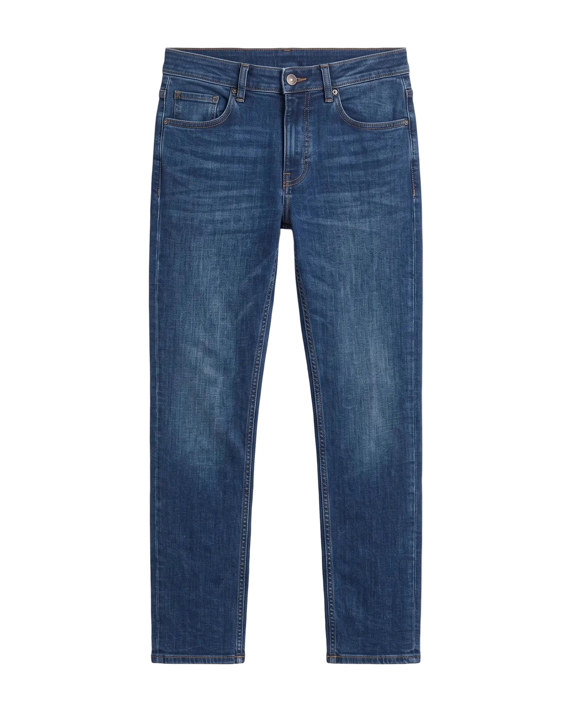 Front view of a man wearing dark blue slim fit jeans by TREE.