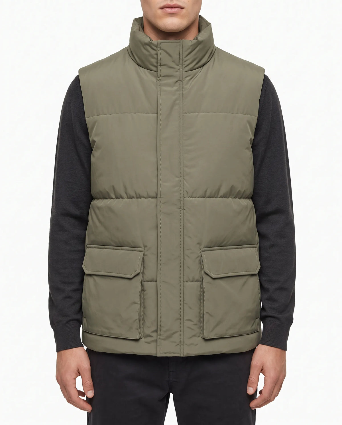 Men's olive waterproof vest with pockets and high collar by TREE   