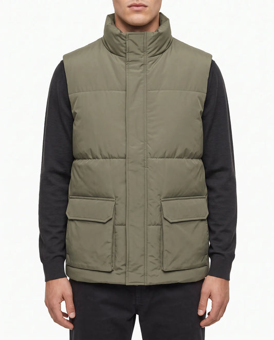 Men's olive waterproof vest with pockets and high collar by TREE   