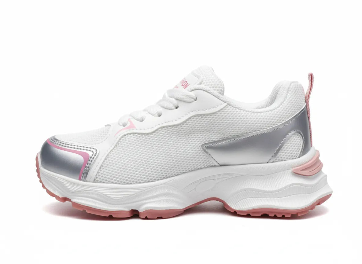Multiple views of a girls' white and fuchsia fashion sneaker featuring a chunky sole and metallic accents by TREE.