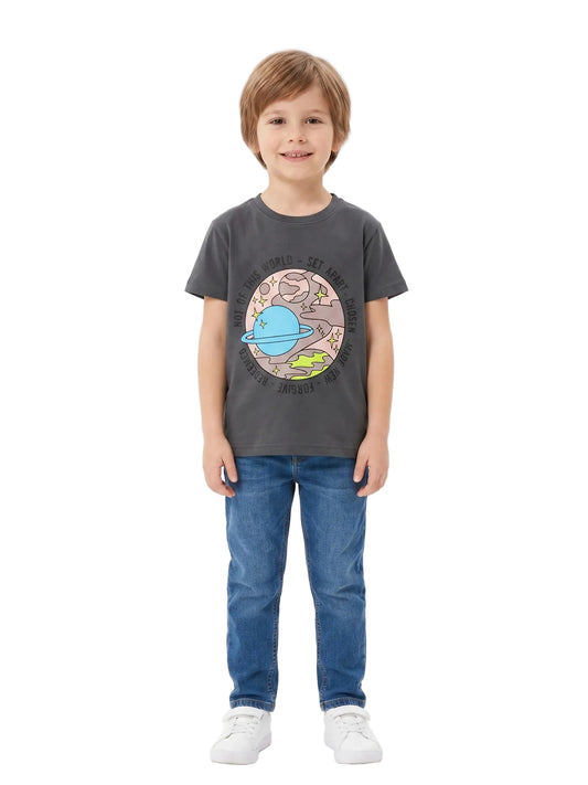 Front view of a young boy wearing a dark grey space print cotton t-shirt by TREE.