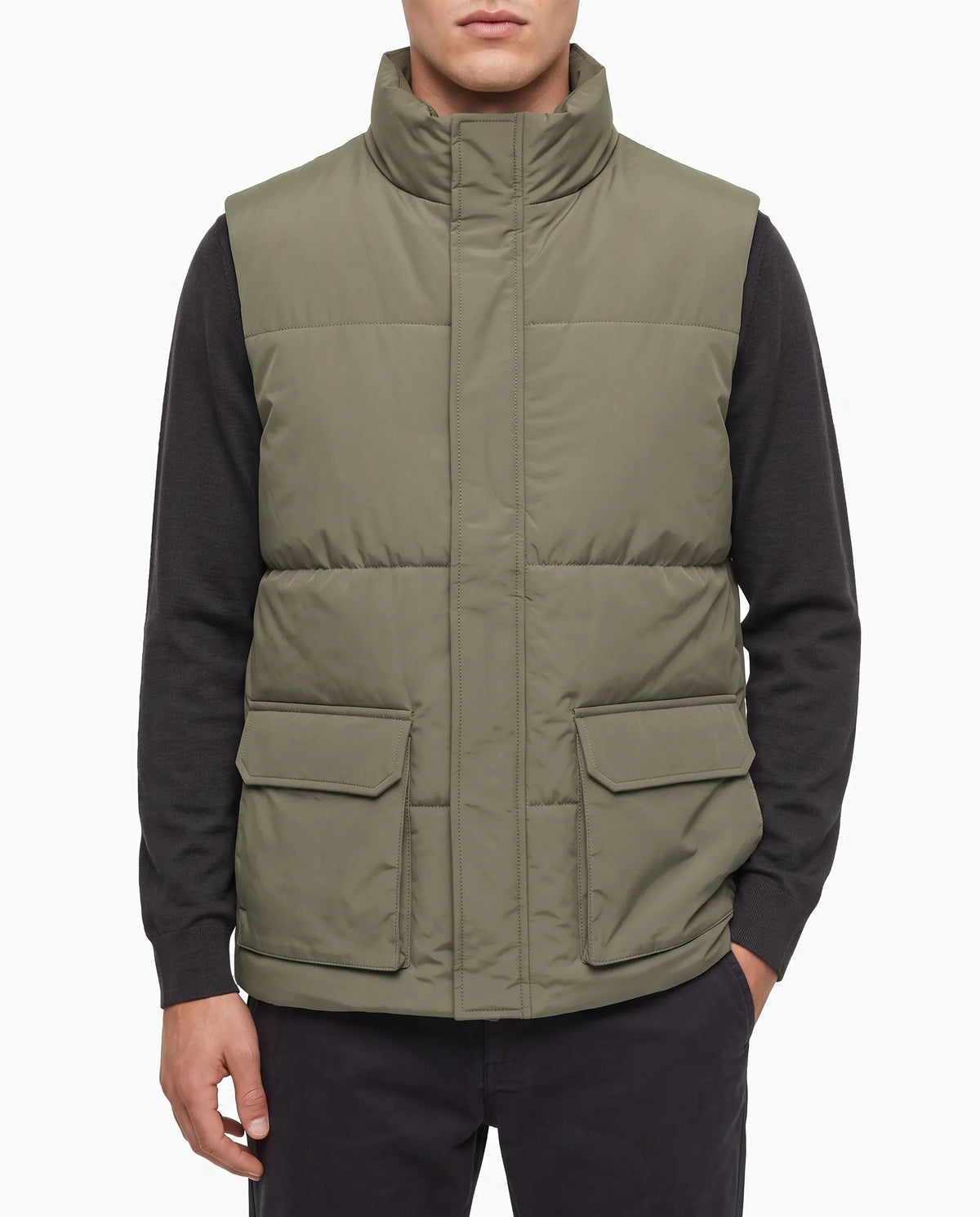Men's olive waterproof vest with pockets and high collar by TREE   
