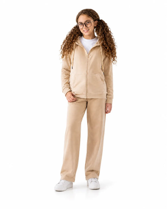 Girls’ Beige Cotton Melton Zip-Up Hoodie Sweatshirt
