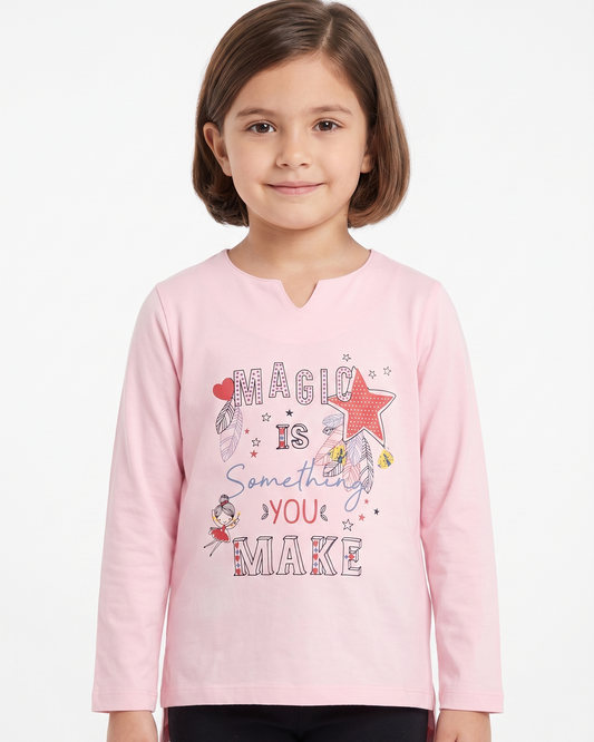 Girls' printed t-shirt with long sleeves - Pink