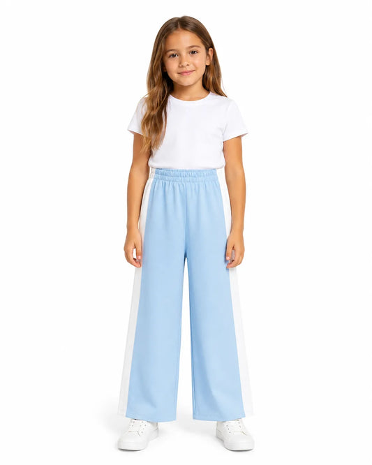 Girls’ Light Blue Wide Leg 100% Cotton Sweatpants with Side Stripe