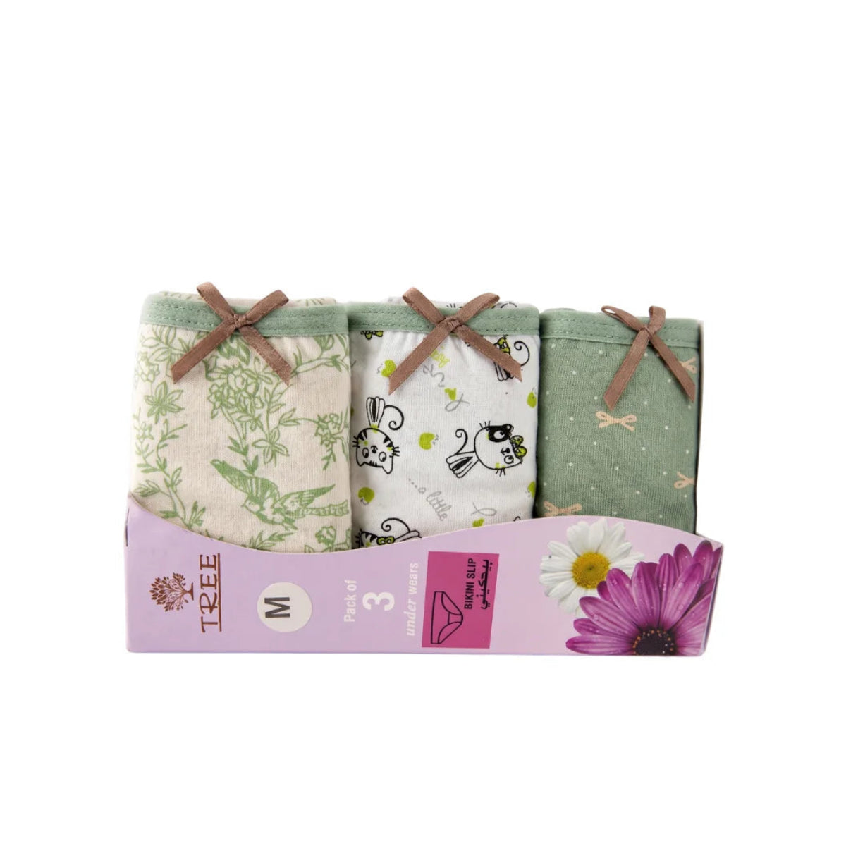 Women's green 3-pack printed bikini underwear set in retail packaging from TREE