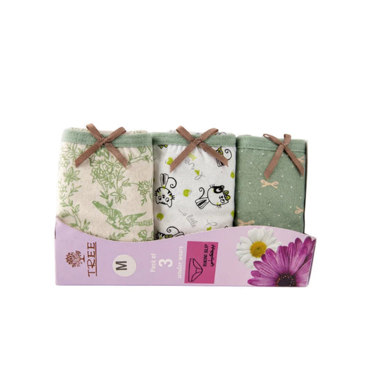 Women's green 3-pack printed bikini underwear set in retail packaging from TREE