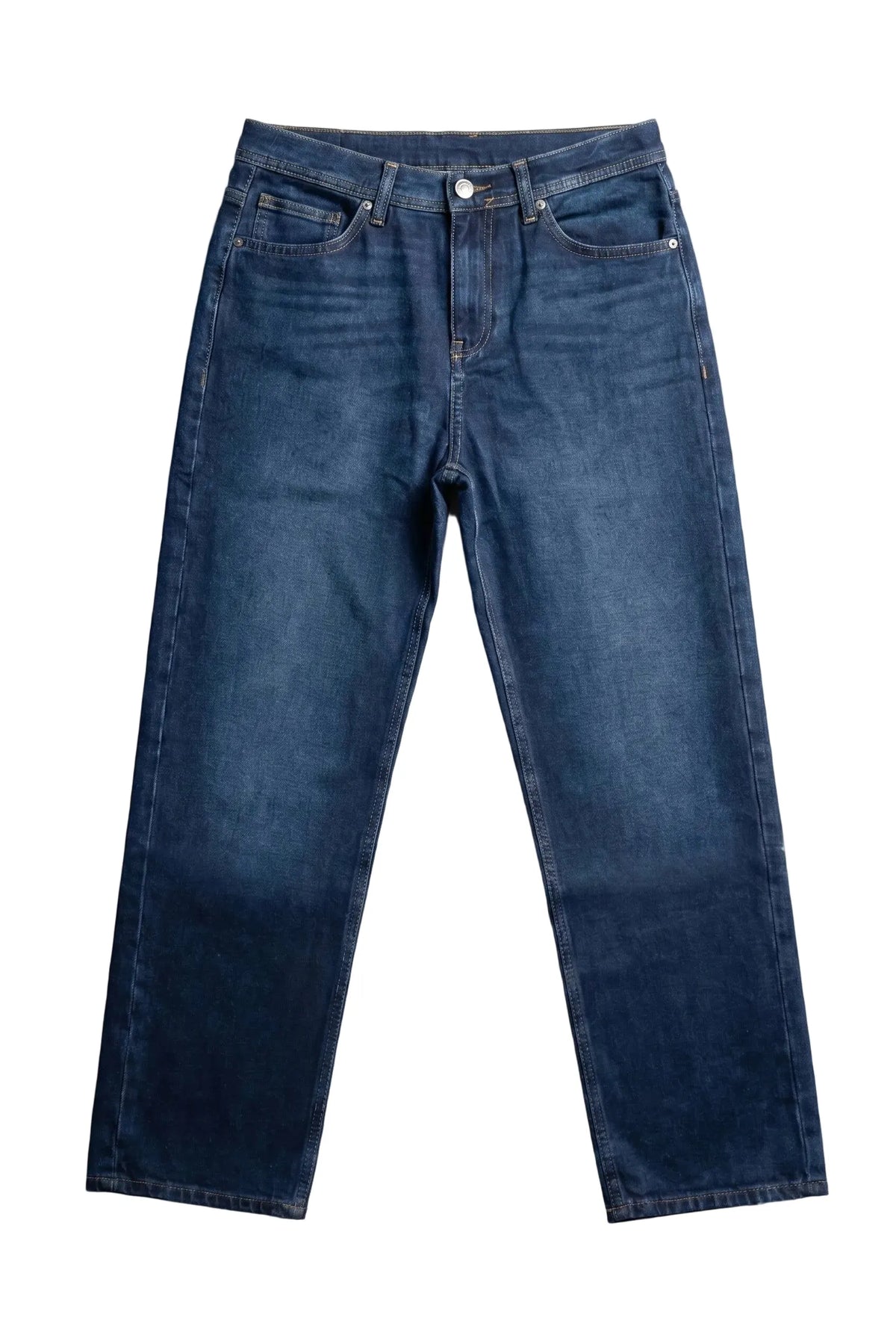 Men's dark blue baggy fit jeans with fixed waist and button closure by TREE   