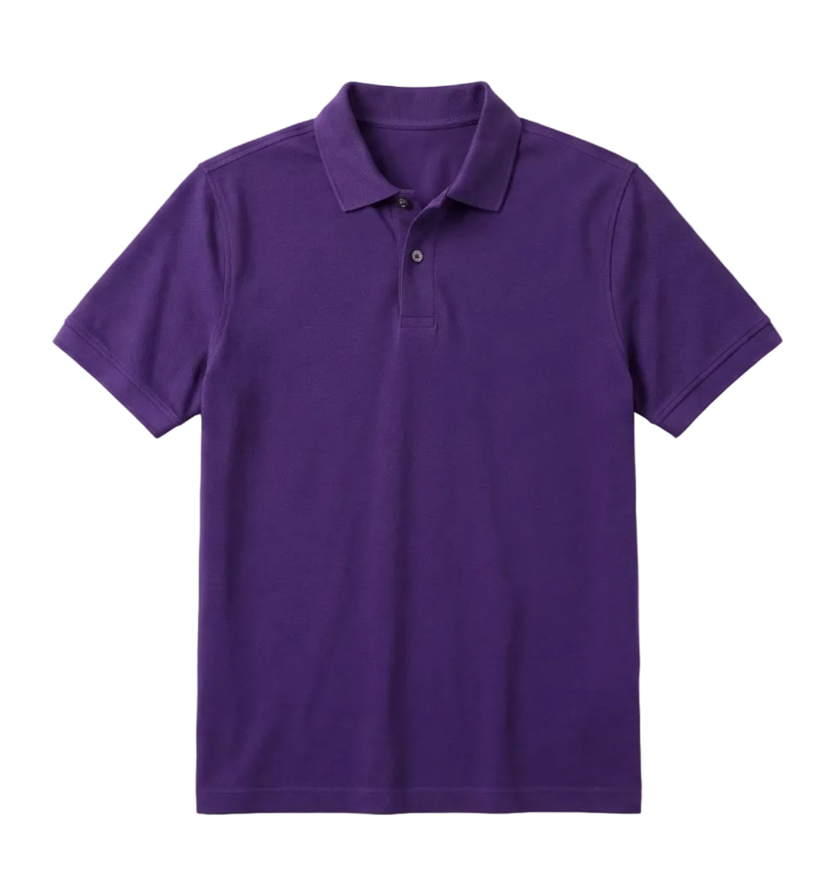 A man wearing a short-sleeve purple polo shirt and light beige pants, shown from the chin down against a plain white background.