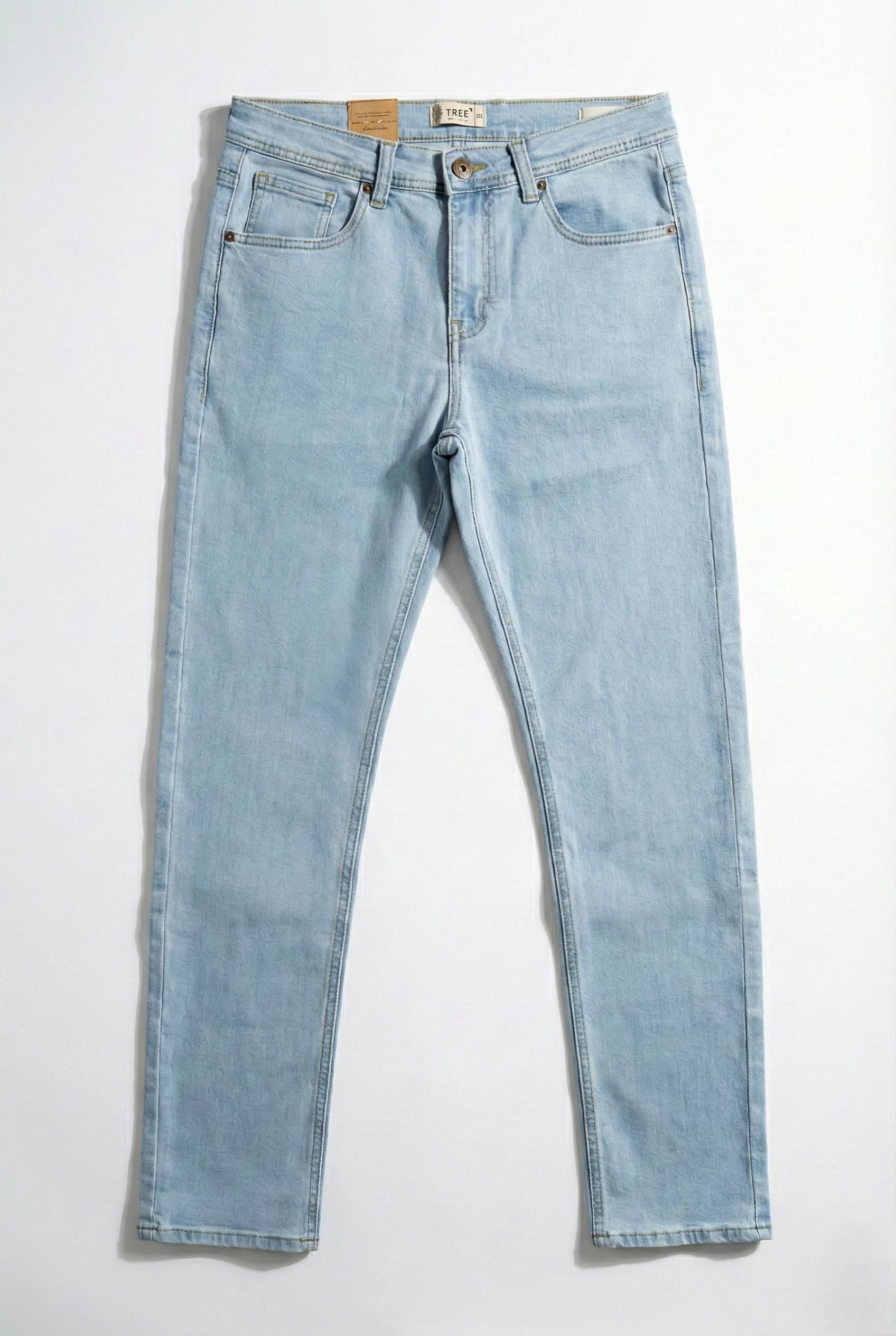 Light wash blue denim jeans shown flat against a plain white background.