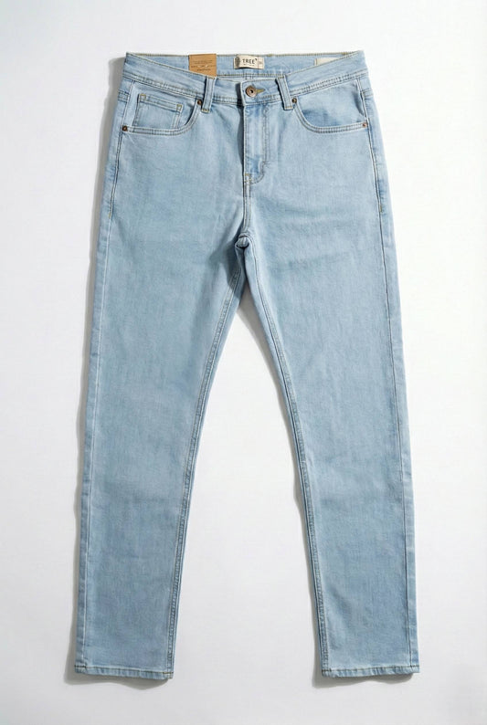 Light wash blue denim jeans shown flat against a plain white background.