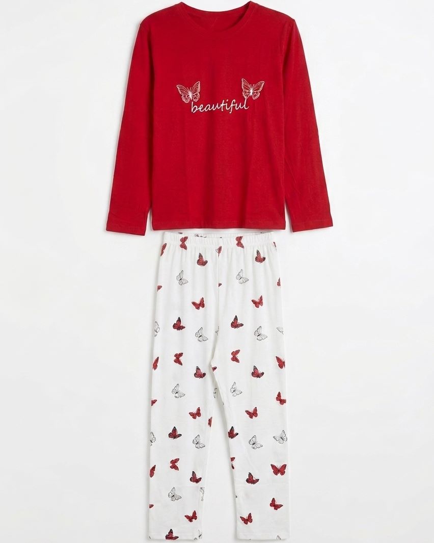 Women's two-piece pajama set with red long sleeve top and white butterfly print pants