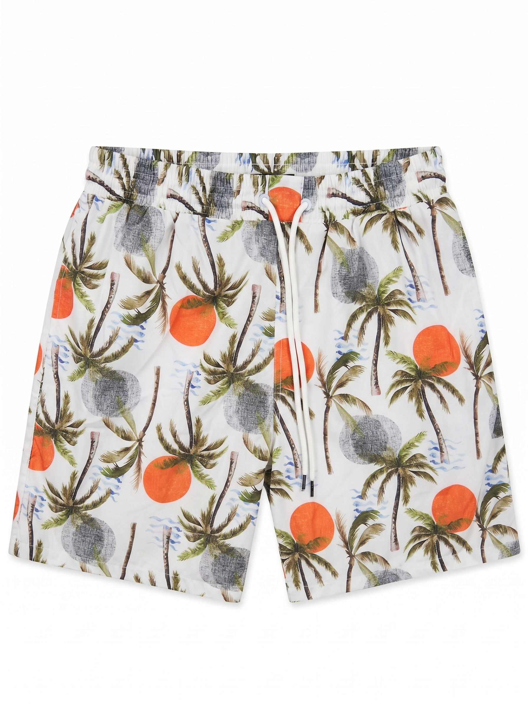Shorts with tropical pattern featuring palm trees and oranges on a white background