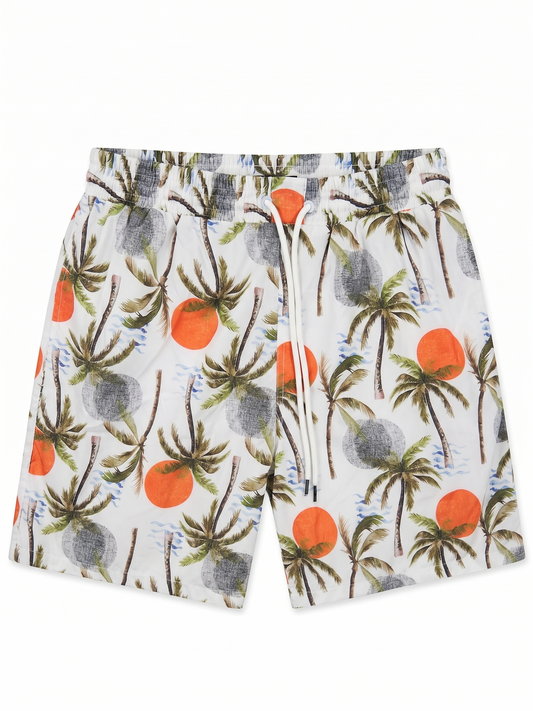 Shorts with tropical pattern featuring palm trees and oranges on a white background