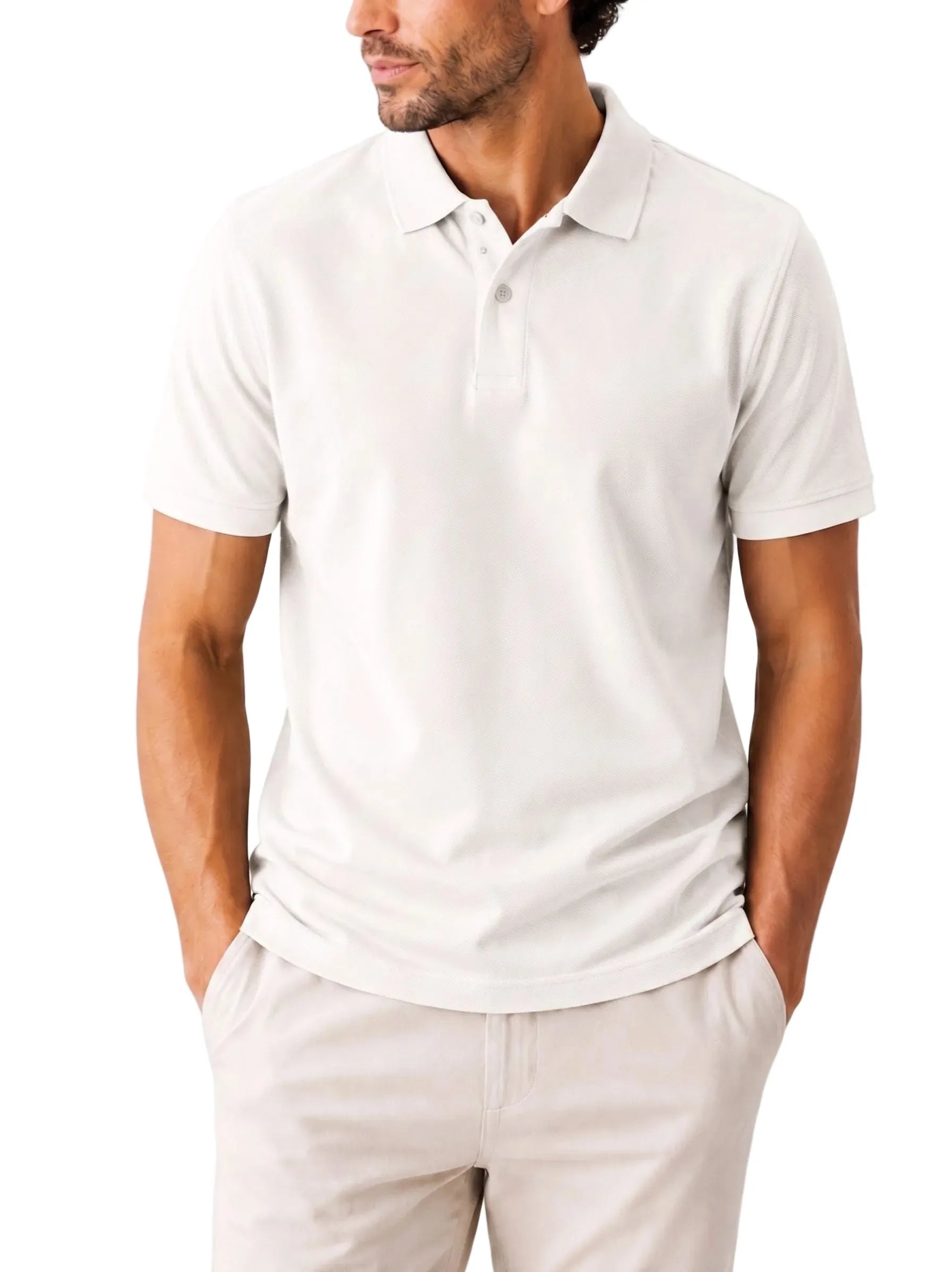 Front view of a man wearing an off-white piqué polo shirt featuring a regular fit by TREE.
