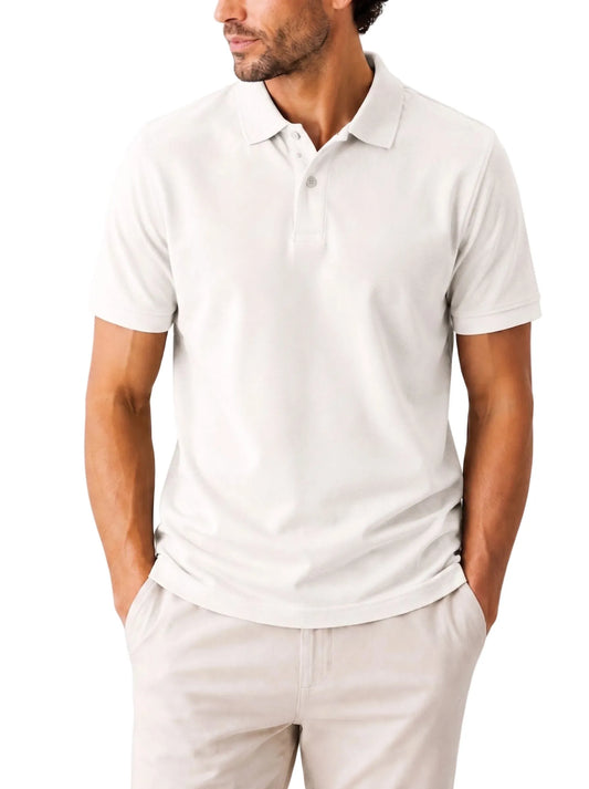 Front view of a man wearing an off-white piqué polo shirt featuring a regular fit by TREE.