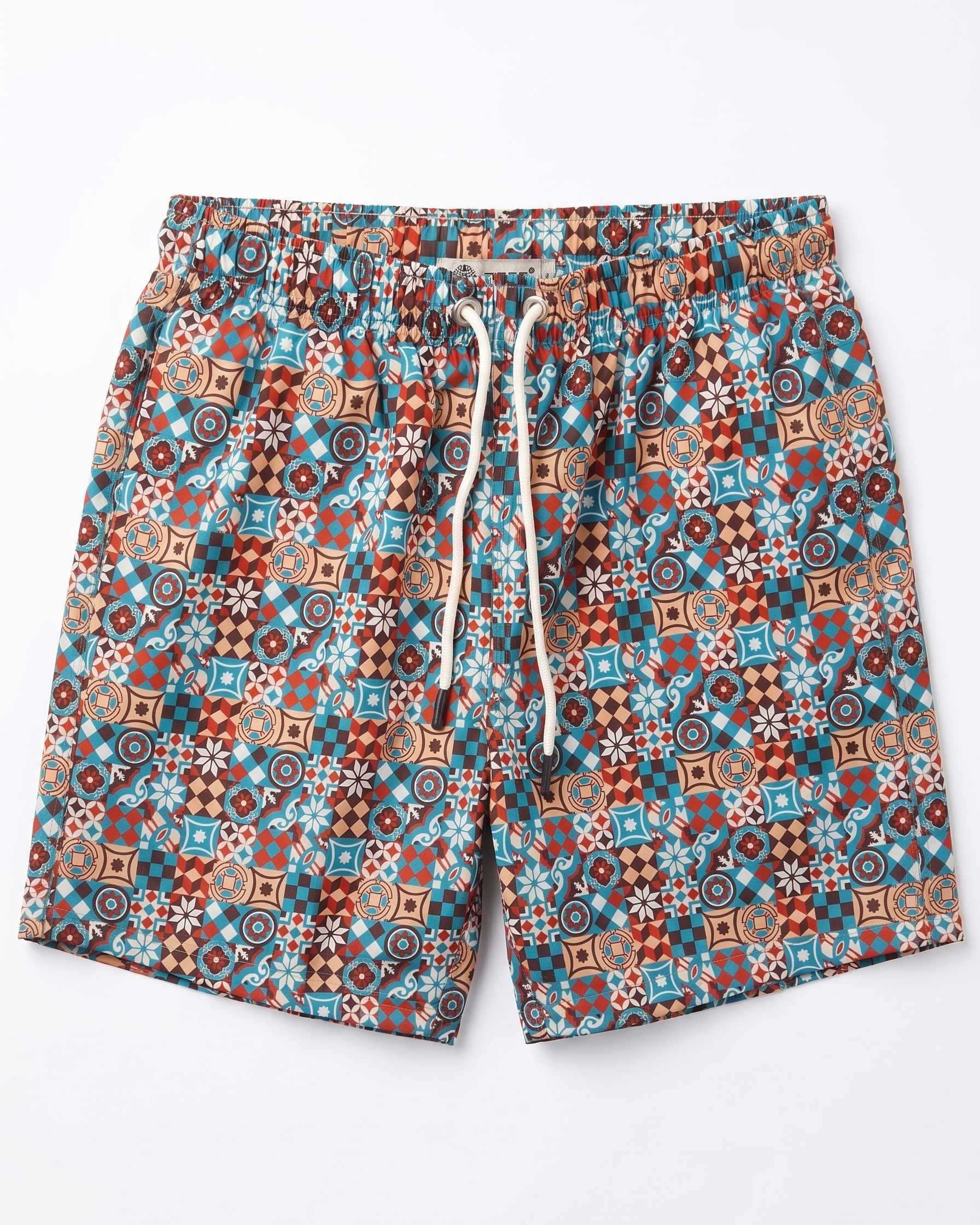 Patterned shorts with a drawstring on a white background