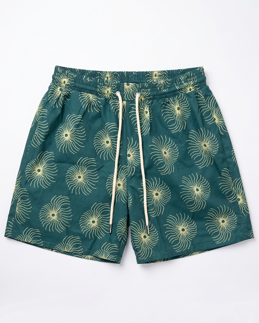 Men's Waterproof Swim Shorts - Green Sunburst Print