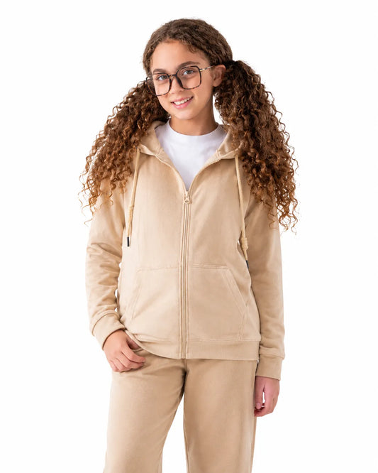 Girls’ Beige Cotton Melton Zip-Up Hoodie Sweatshirt
