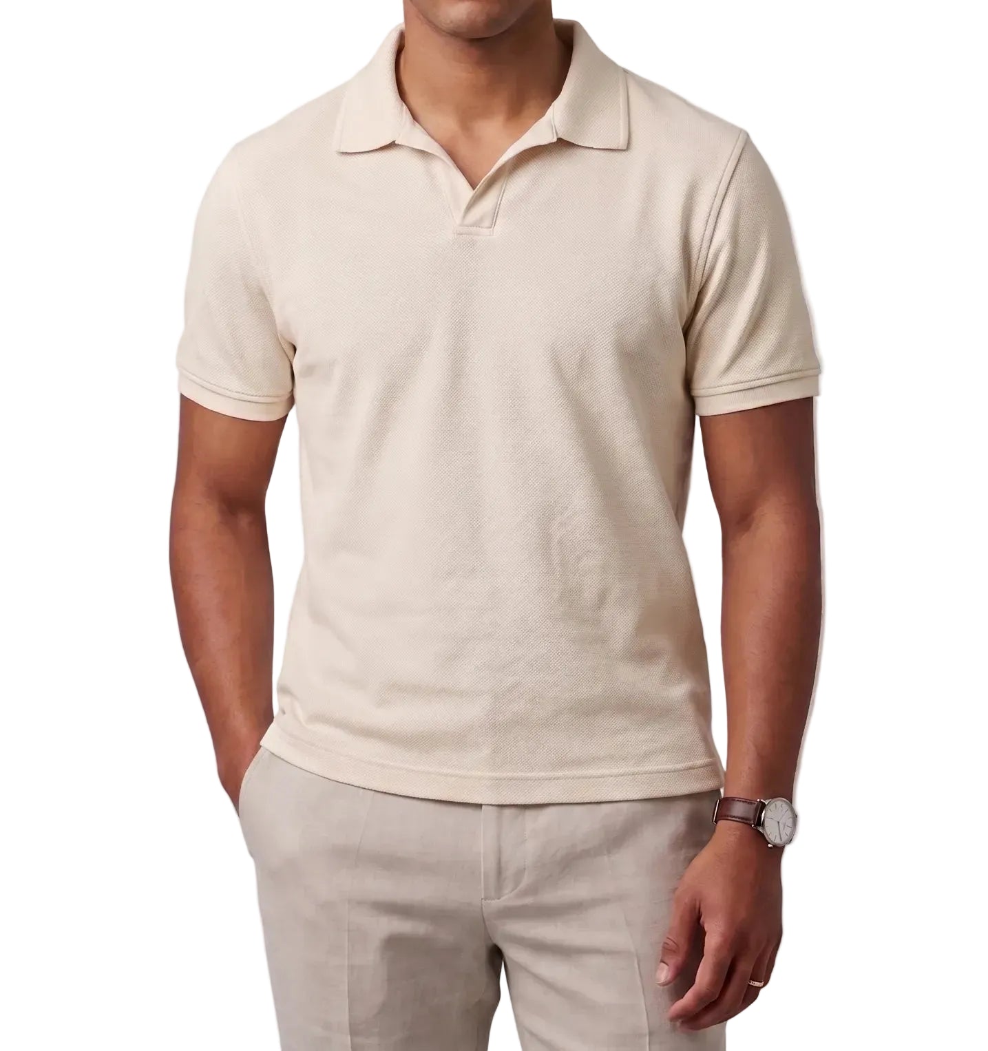 Front view of a model wearing a men's beige 100% cotton polo t-shirt by TREE.