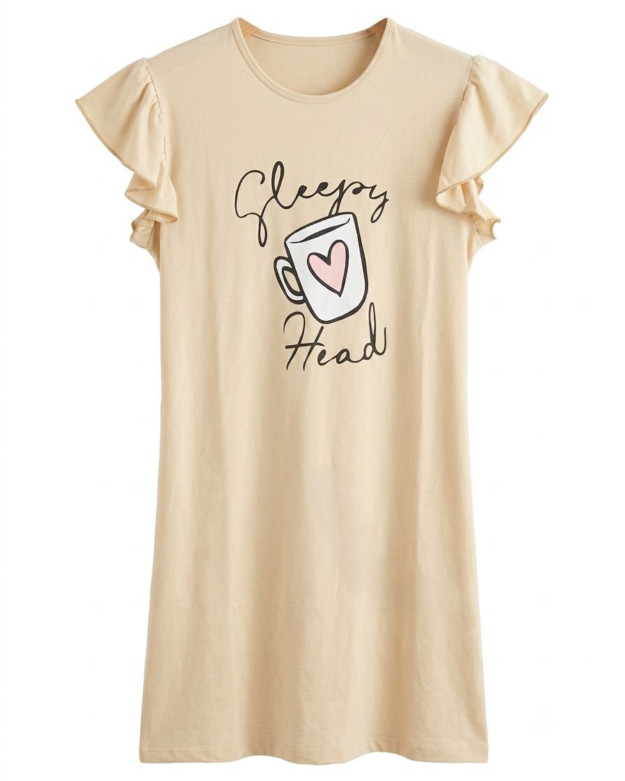 Women's beige sleep shirt with ruffle sleeves and Sleepy Head graphic print