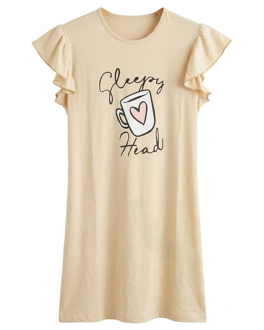 Women's beige sleep shirt with ruffle sleeves and Sleepy Head graphic print