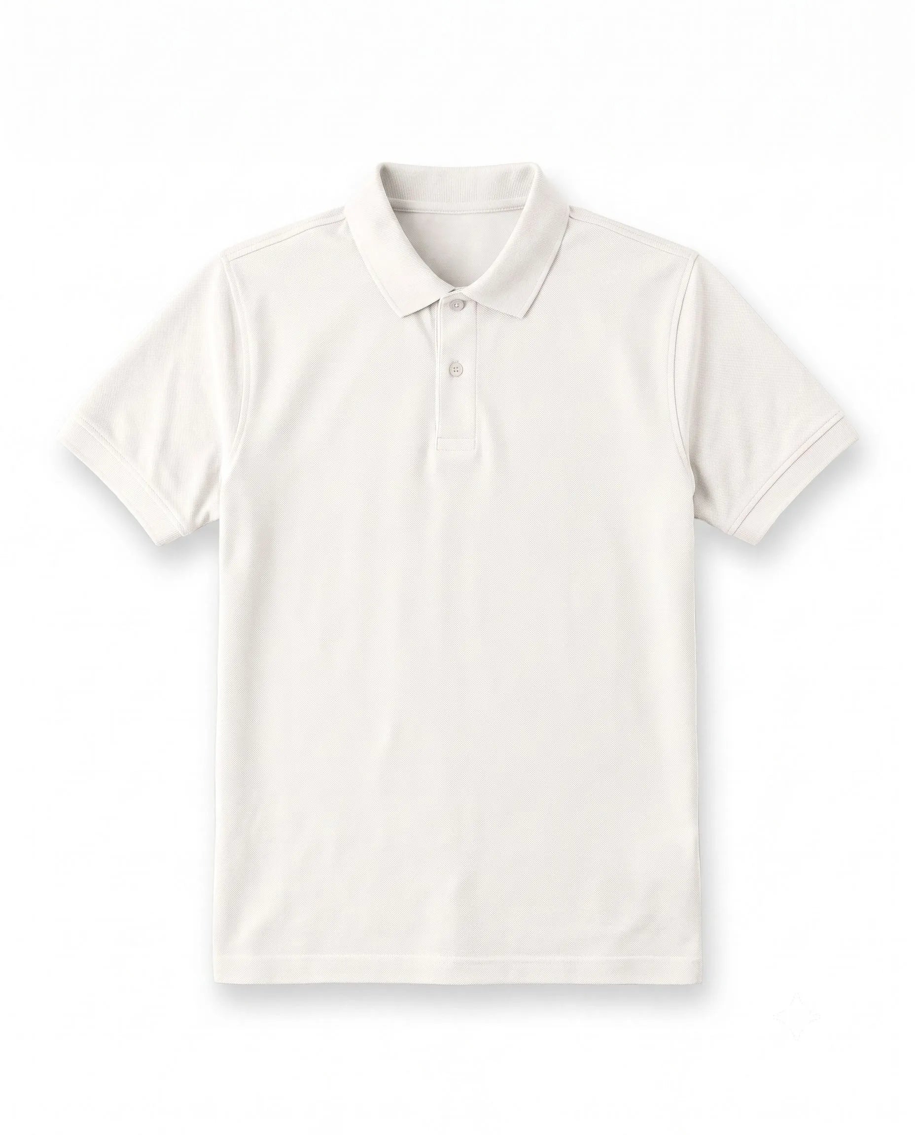 Front view of a man wearing an off-white piqué polo shirt featuring a regular fit by TREE.