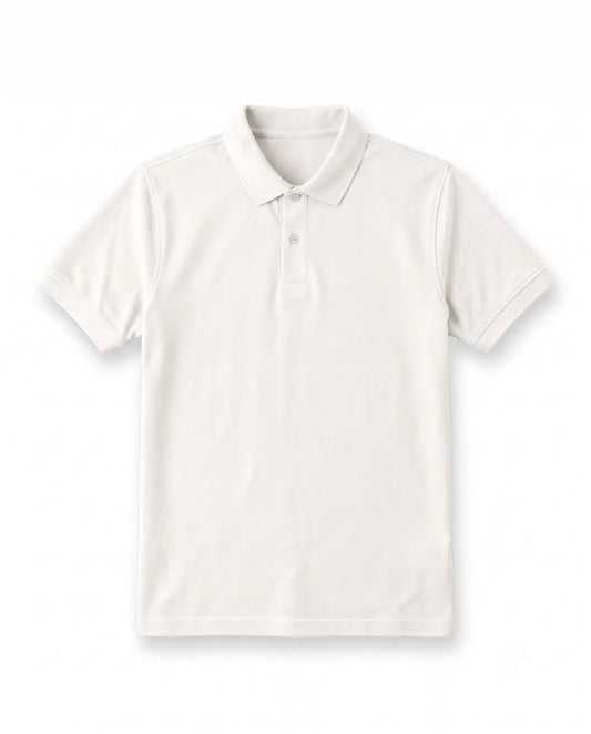 Front view of a man wearing an off-white piqué polo shirt featuring a regular fit by TREE.