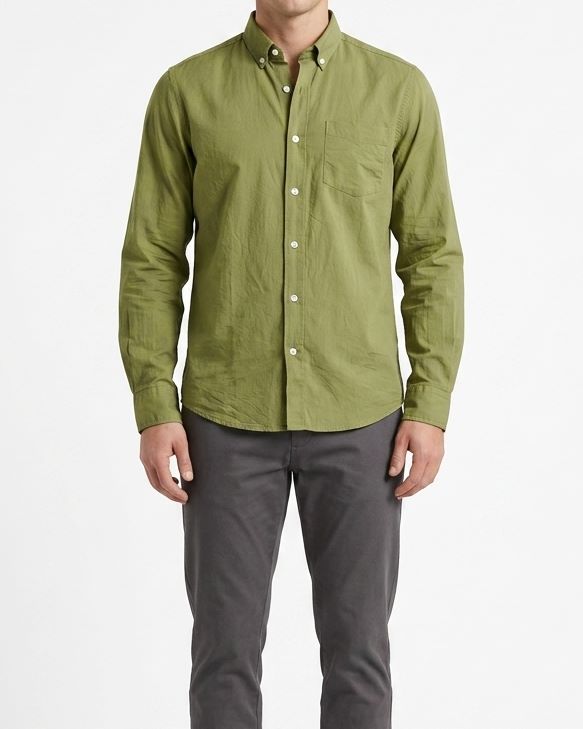 Men's long-sleeve casual button-down shirt with front chest pocket